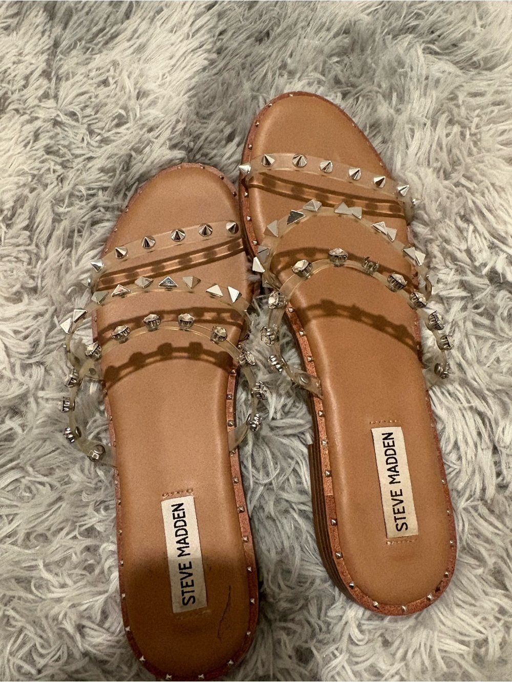 Steve Madden Tan Slides with Clear Studded Straps